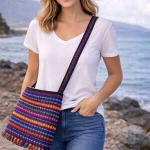 Guatamalan Hand Made Two Zippered Woven Bag W/Fringe Colorful 11"W X 13"T